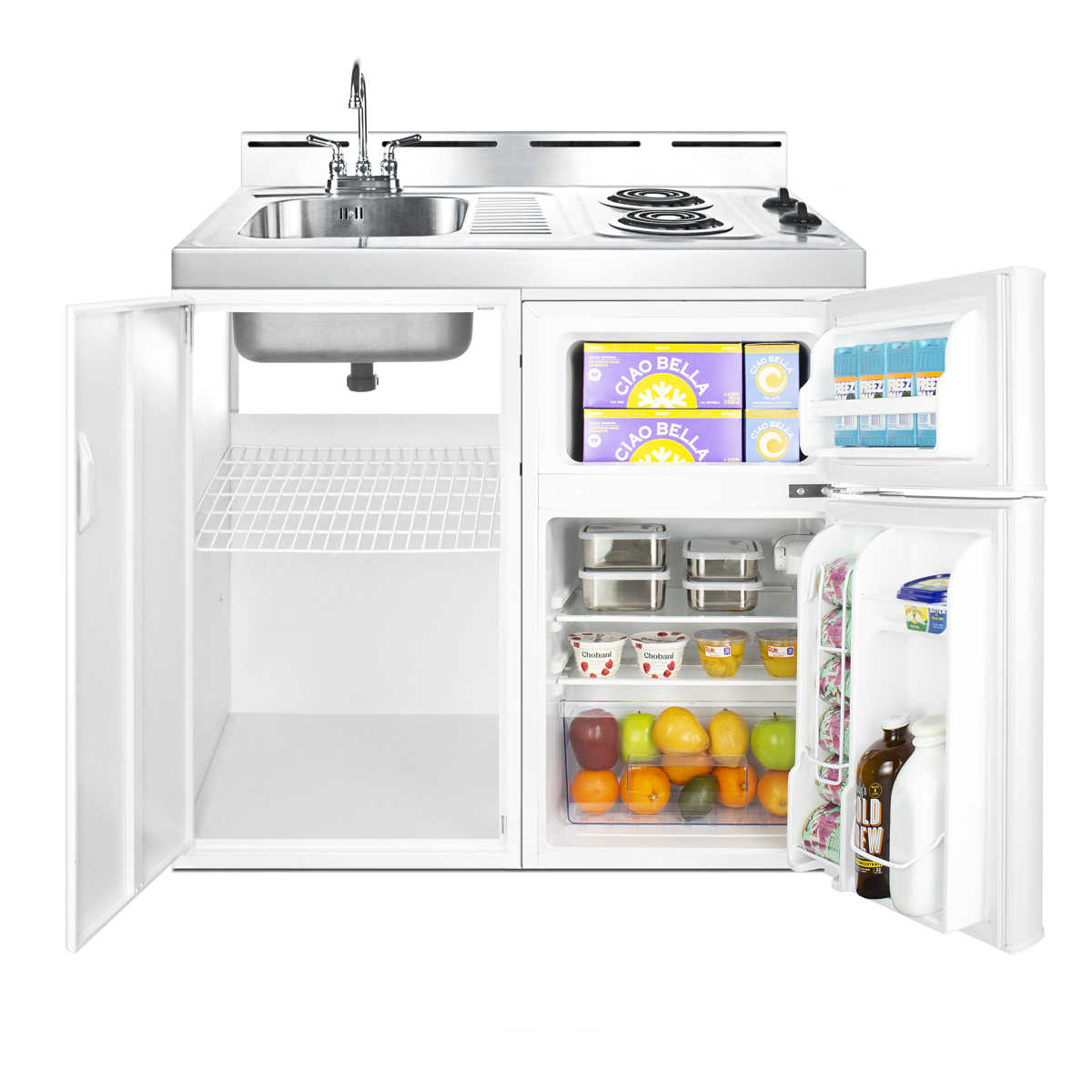 39 inch wide all-in-one kitchenette with 2-burner 115V coil cooktop, refrigerator-freezer, sink, and storage cabinet